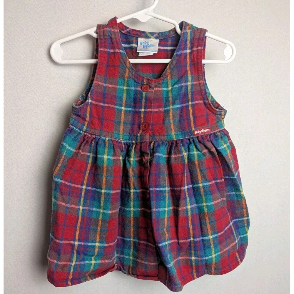 Vintage OshKosh Girls Pink Blue Plaid Overall Dress 18 Months Sleeveless Cotton